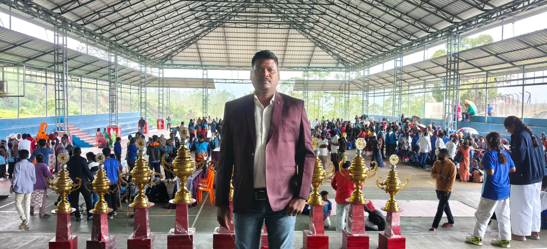 Trophies displayed at a community award gathering